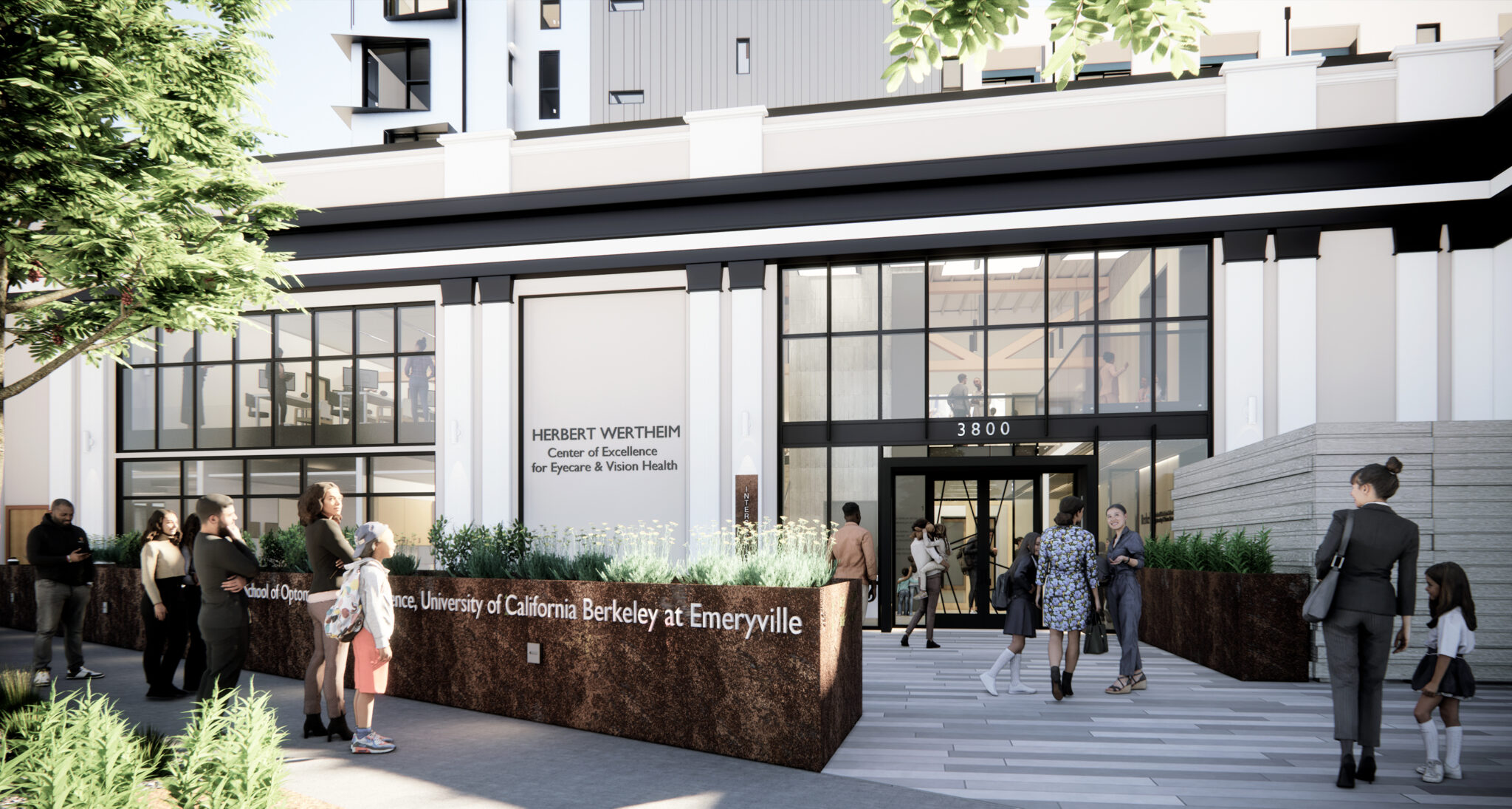 Drawing of people walking into the entrance of the new optometry clinic.