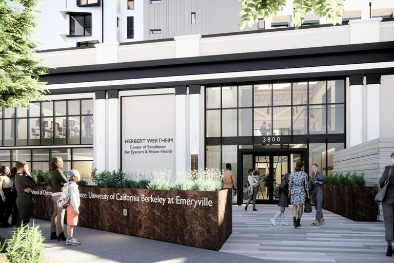 New Emeryville Satellite Campus Drawing of people walking into the entrance of the new optometry clinic.